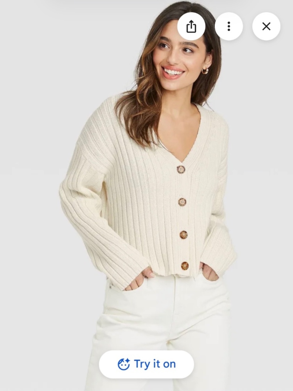 A New Day White Ribbed Soft Knit Women's Oversized Cardigan Tortoiseshell Button